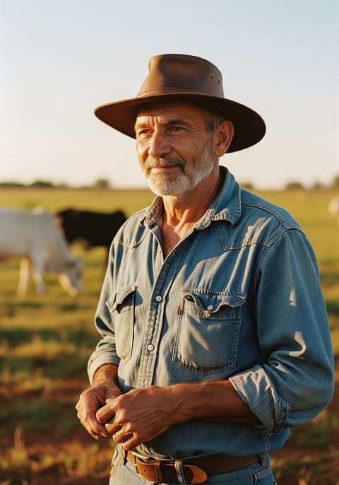 Retrato del ganadero brasileño en pastura paraguaya al atardecer