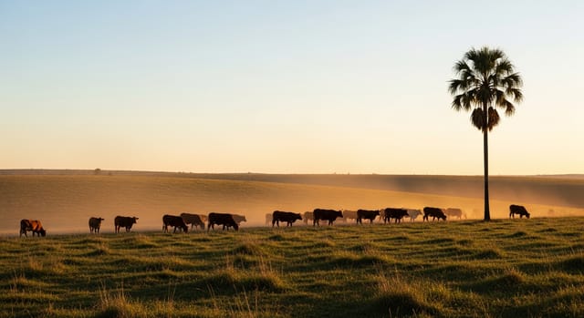 Estancia paraguaya al atardecer con ganado de pastura