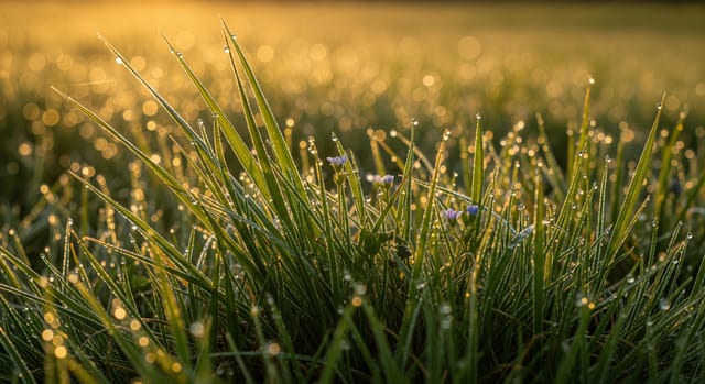 Macro de pastura nativa con rocío al amanecer
