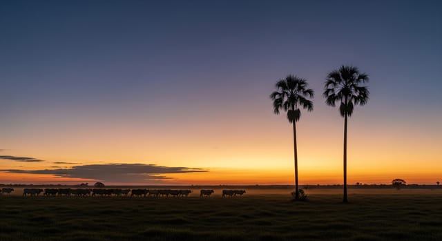Chaco paraguayo al atardecer con siluetas de ganado y palmeras carandá